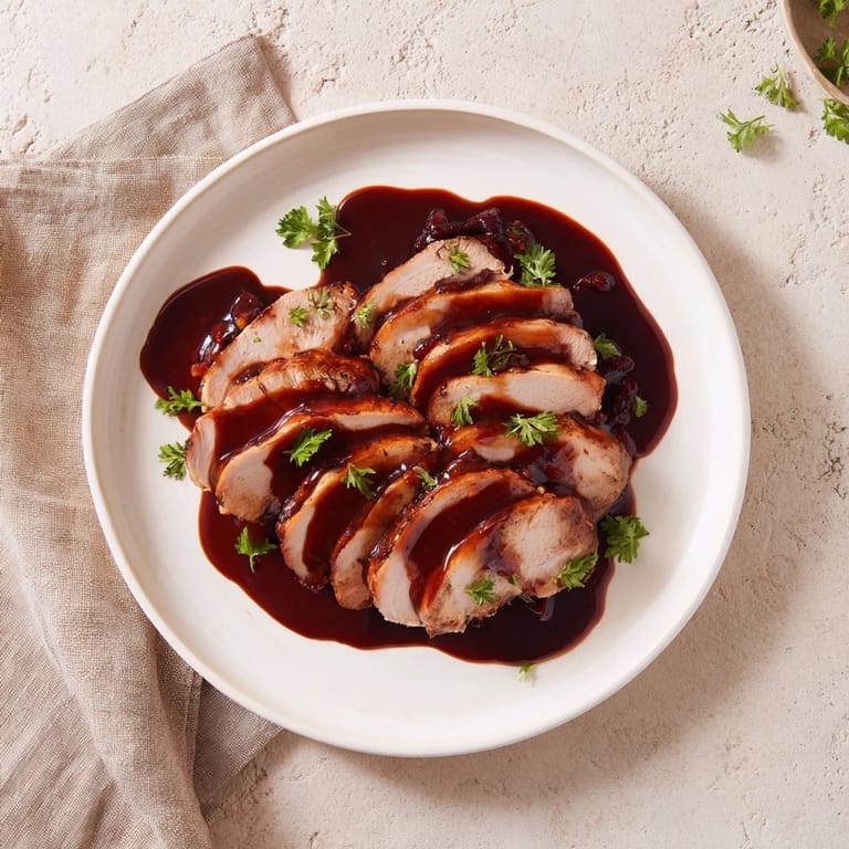 Juicy slices of the delicious Tart Cherry Date Glazed Pork Tenderloin with a rich glaze, perfect for a special dinner.