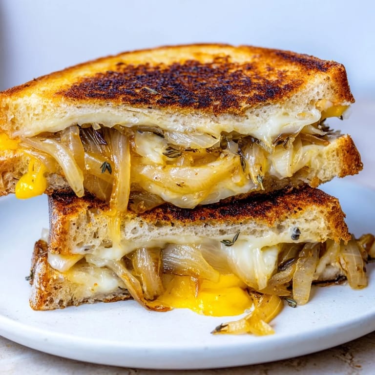 A close-up of a perfectly grilled French onion grilled cheese, ready to be sliced and enjoyed.