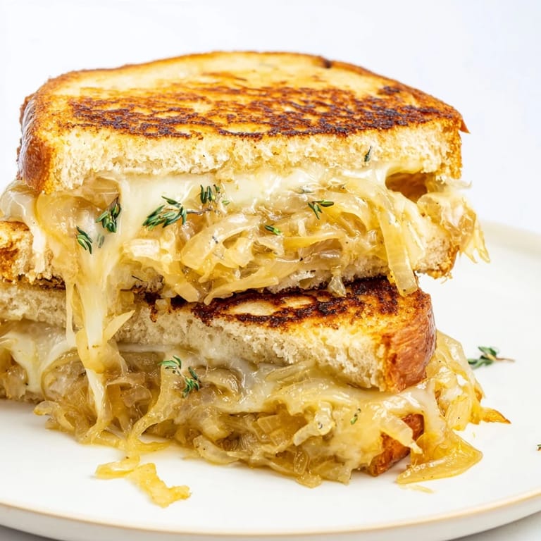Savory and cheesy French onion grilled cheese sandwich, a delicious comfort food for a quick meal.
