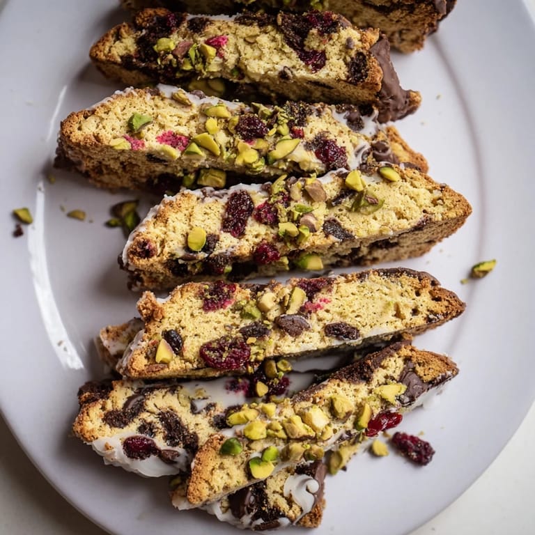 A close-up of crispy, twice-baked White Chocolate Cranberry Pistachio Biscotti, drizzled with white chocolate.