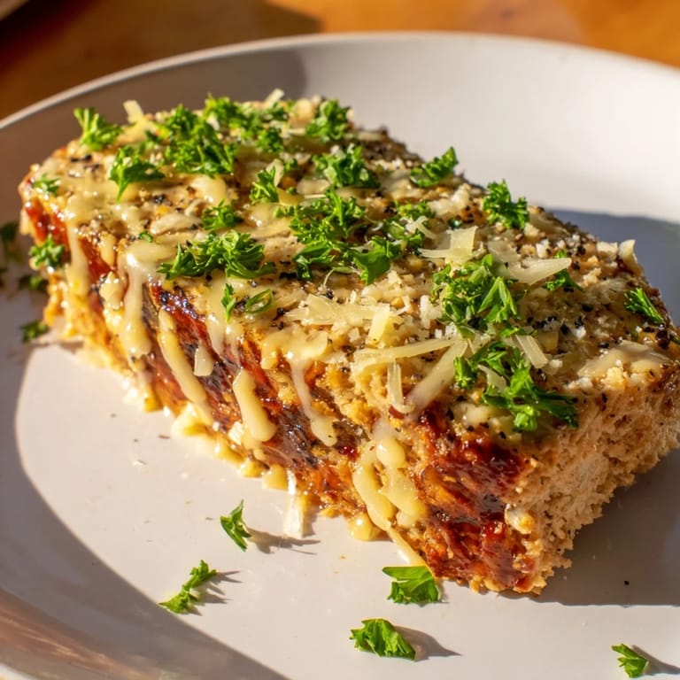 Perfectly browned garlic Parmesan chicken meatloaf, a flavorful main dish served with mashed potatoes.