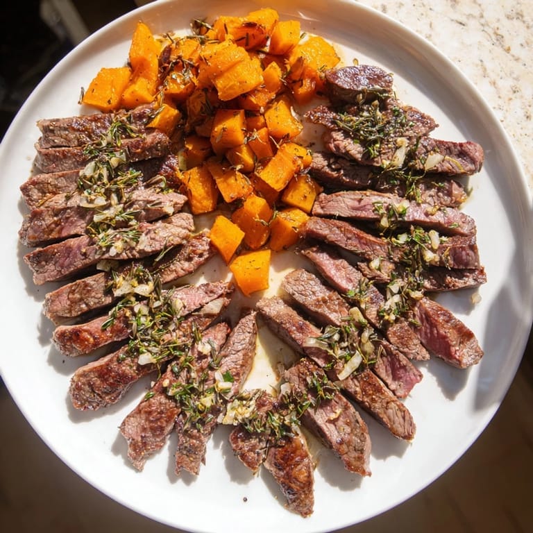 A close-up of a finished Butternut Squash & Garlic Herb Steak Bowl, showing tender steak and colorful squash.