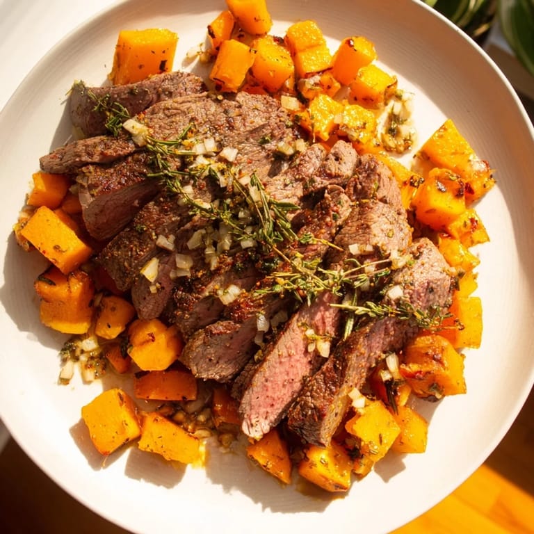Flavorful American-style Butternut Squash & Garlic Herb Steak Bowl, perfect for a gluten-free and delicious dinner.