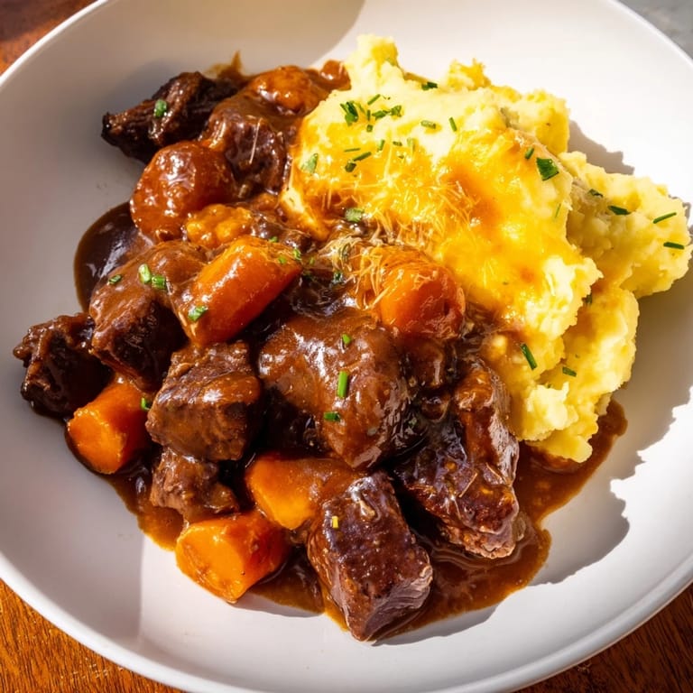 Hearty Fall Apple Cider Stew with tender beef and vegetables, served in a rustic bowl.