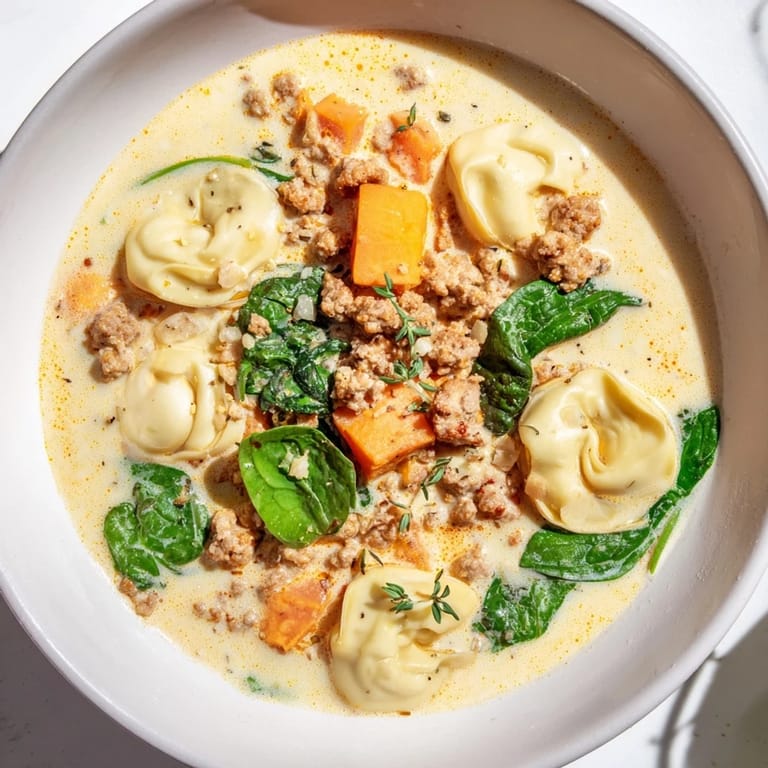 A close-up view of the rich, savory Creamy Sausage Tortellini Soup, perfect for a cozy dinner.