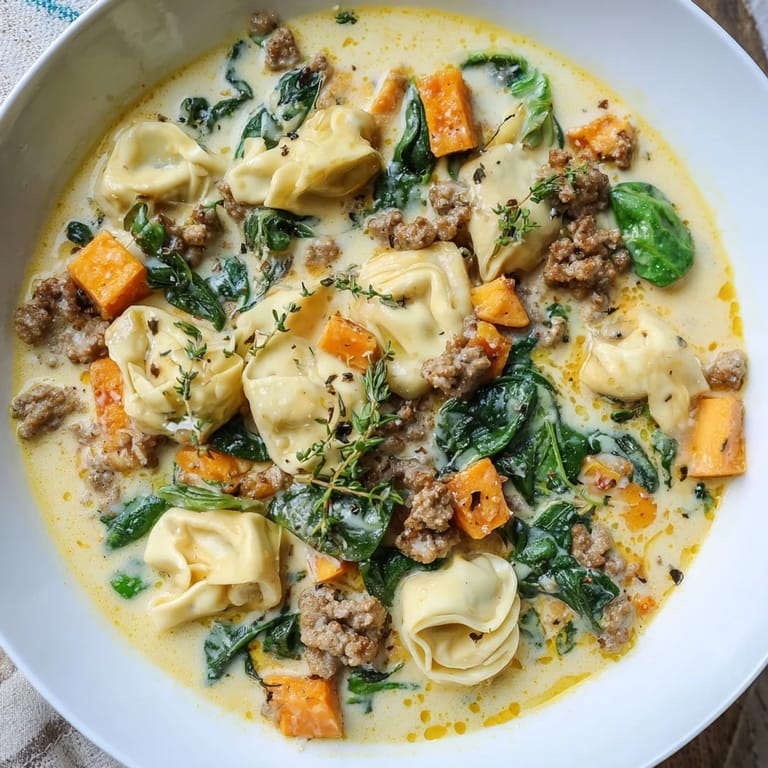 Hearty Creamy Sausage Tortellini Soup, garnished with thyme, ready to warm you on a cold day.