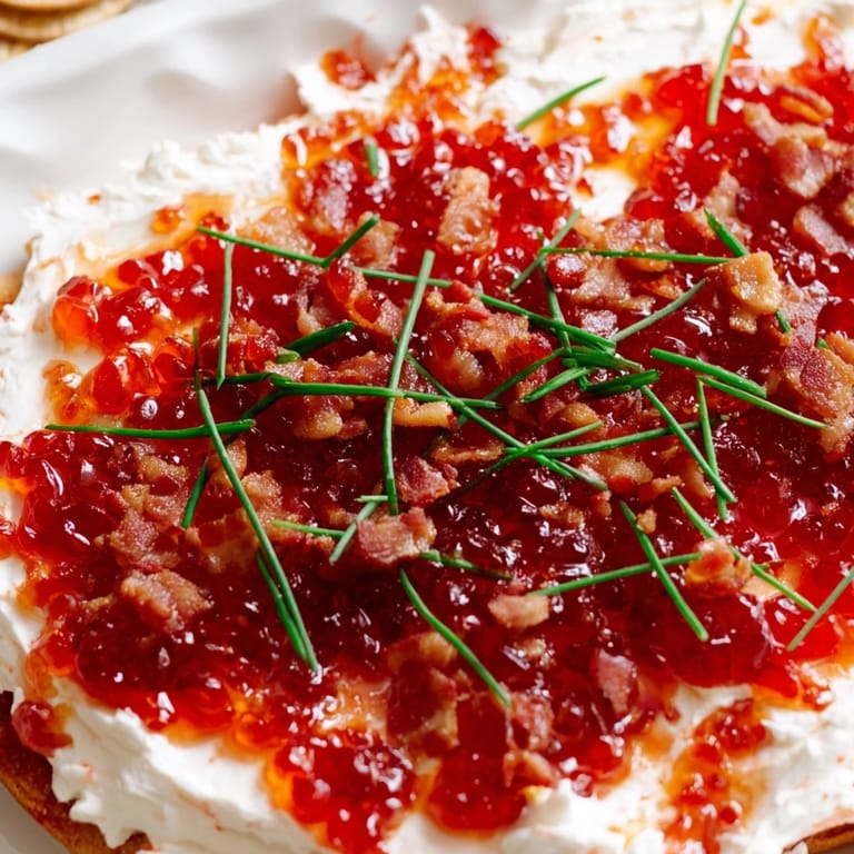 Savory bacon pepper jelly appetizer: a party-ready, creamy layered dip with golden, crunchy bacon.