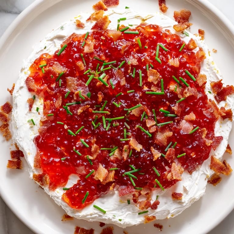 This easy bacon pepper jelly appetizer features glistening red pepper jelly and salty bacon bits.
