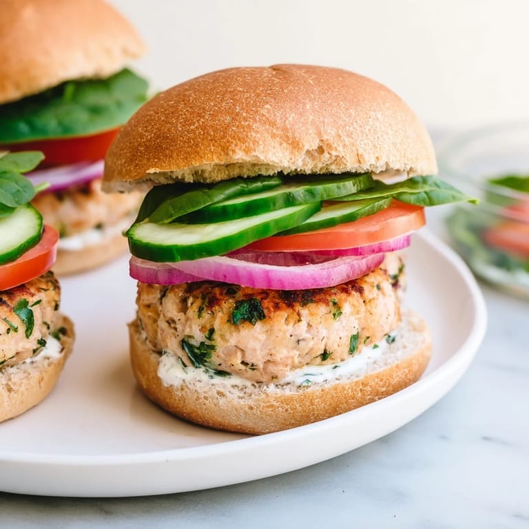Close-up of juicy baked Healthy Chicken Sliders, stacked high with vegetables and creamy yogurt sauce.
