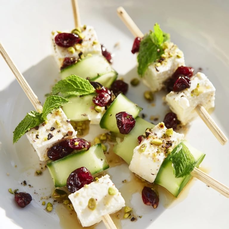 These tempting Holiday Cranberry-Feta Skewers display a beautiful array, with colorful garnishes and flavors.