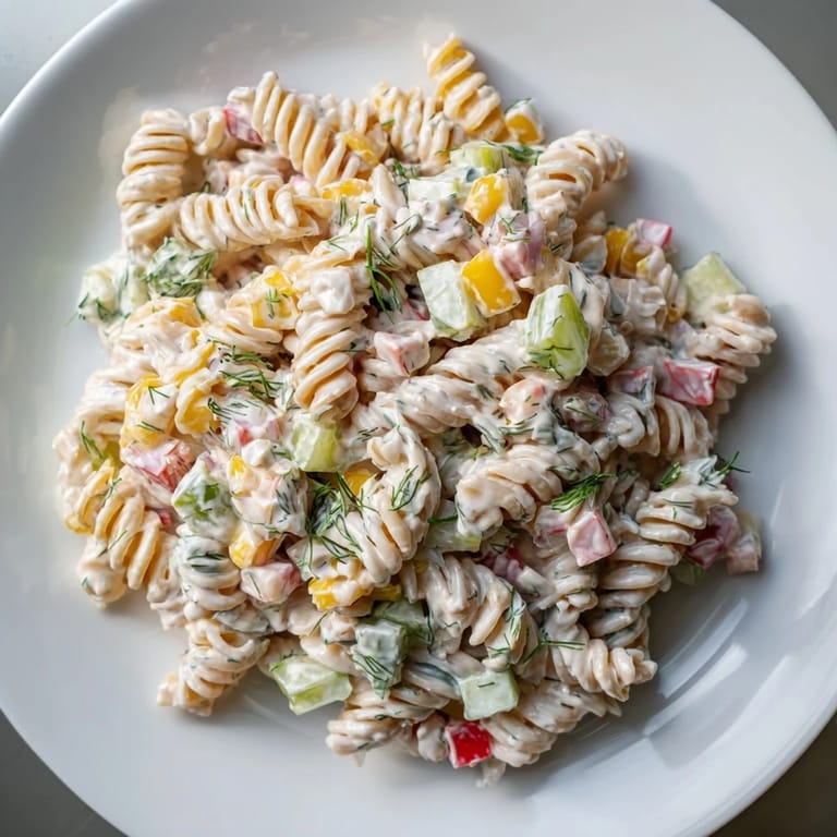 A bright photo showcases a bowl of Dill Pickle Chopped Pasta Salad, perfect for your next summer get-together.