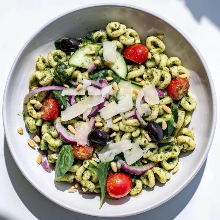 Savory Caesar Pesto Ditalini Salad, a chilled pasta dish with colorful vegetables and basil notes.