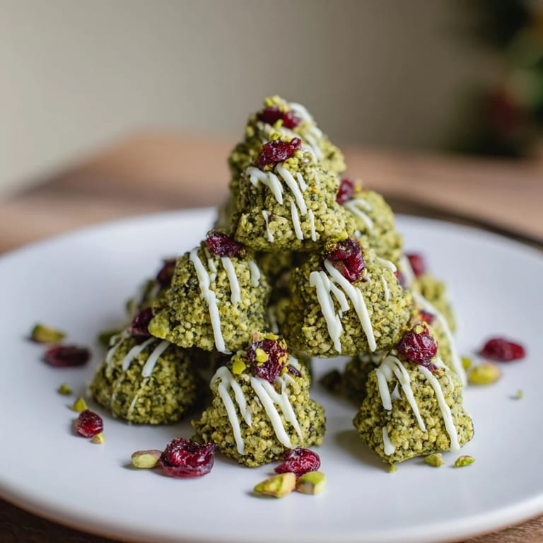 These festive Matcha Pistachio Christmas Tree Energy Bites are beautifully decorated with white chocolate and pomegranate seeds.