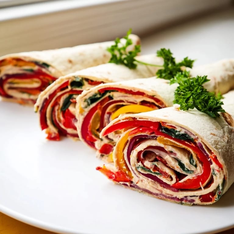 Bright red and yellow bell peppers star in these healthy Roasted Veggie & Hummus Candy Cane Wraps.