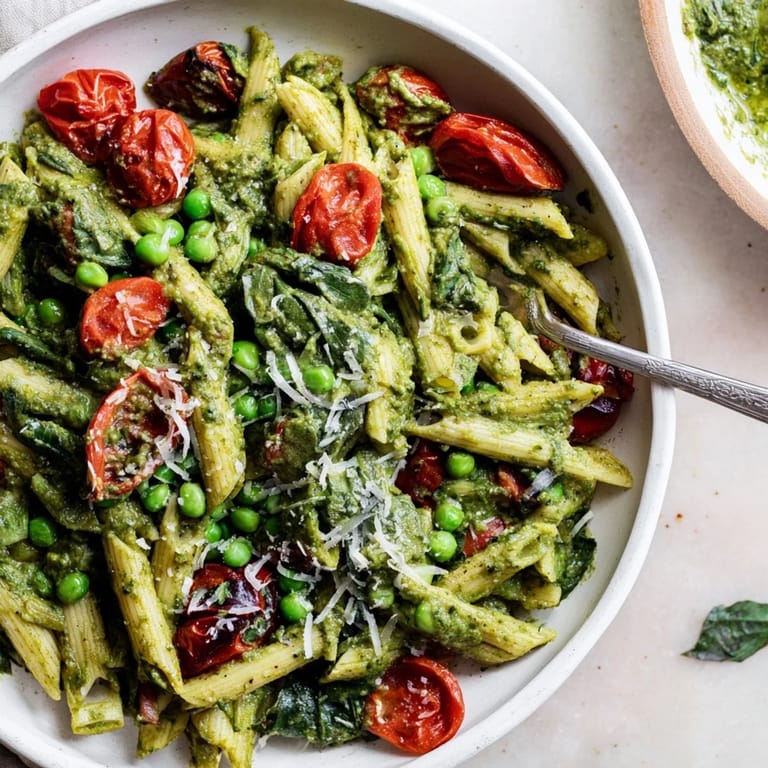 Savor the aroma of garlic in this one-pot creamy pesto pea protein pasta, brimming with delicious vegetables.