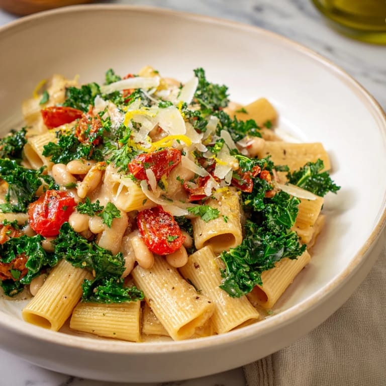 Vibrant image shows Healthy Tuscan White Bean & Kale Christmas Pasta with fresh kale and Parmesan cheese, ready to serve.