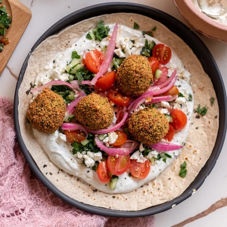 Vibrant Festive Falafel & Tzatziki Christmas Wreath Wrap, with colorful veggies and creamy tzatziki filling.