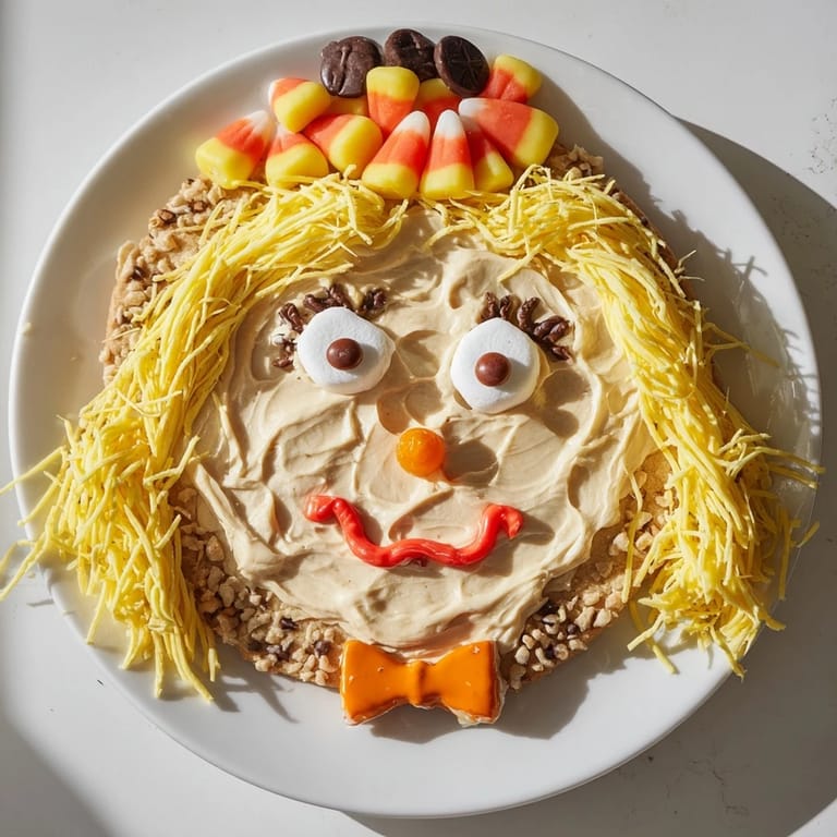This whimsical Scarecrow Candy Platter boasts a large cookie base decorated with gummy candies and licorice smiles.