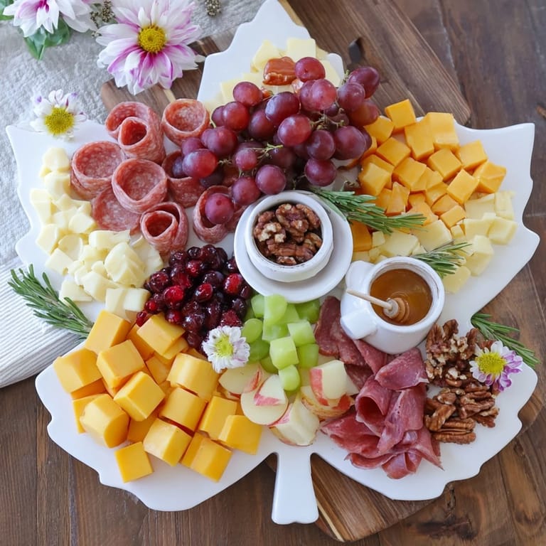 An artful display of a Maple Leaf Grazing Tray, with colorful fruits and savory charcuterie, ideal for sharing.