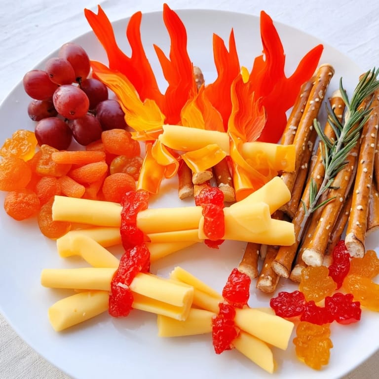 This Flickering Fire Log Snack Board invites guests with a beautiful spread of colorful, delicious appetizers.