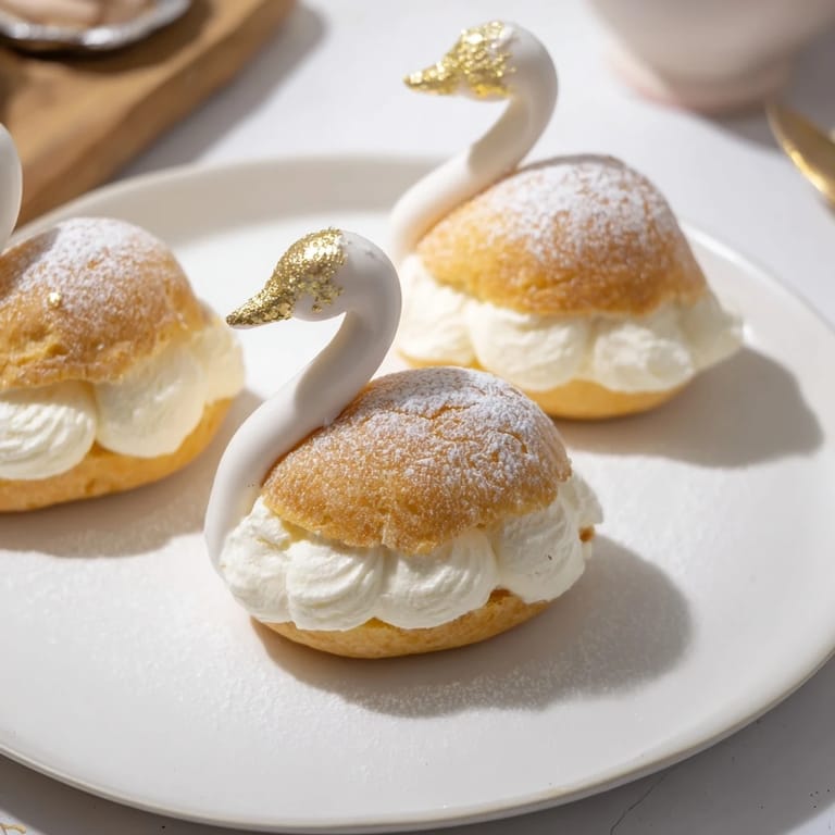 Delicate, swan-shaped Elegant Swan Petit Fours sit beautifully, showing off white fondant and vanilla cream fillings.
