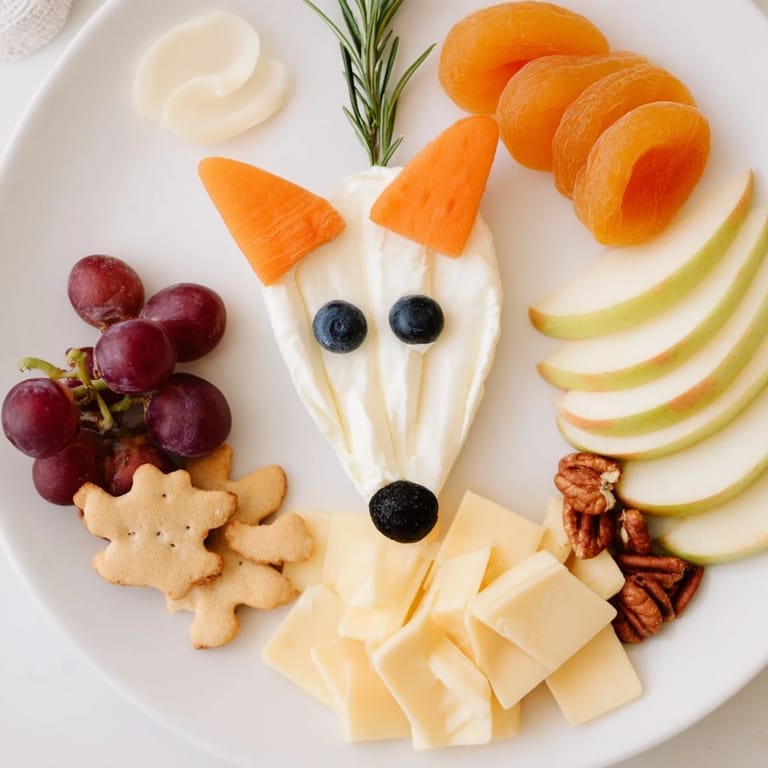 The playful goat cheese fox face stars on this delightful Whimsical Fox Fall Treat Board with autumn flavors.