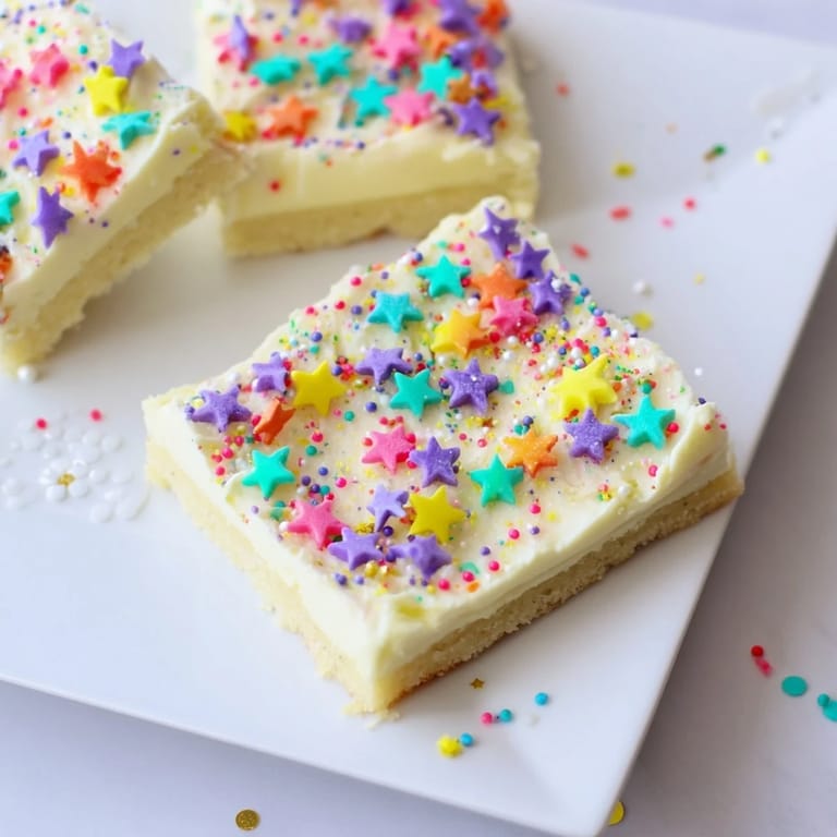 Close-up of frosted Twinkle Twinkle Star Dessert Bars with vibrant star sprinkles, perfect for celebrations.