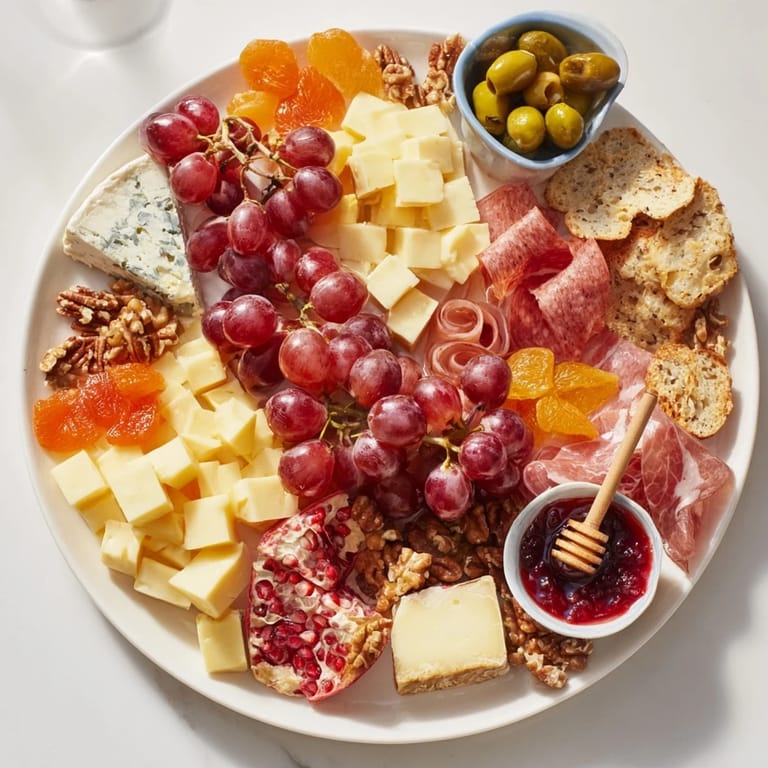 A beautifully arranged Christmas 2025 Festive Grazing Board features cheeses, grapes, and nuts with rosemary sprigs.