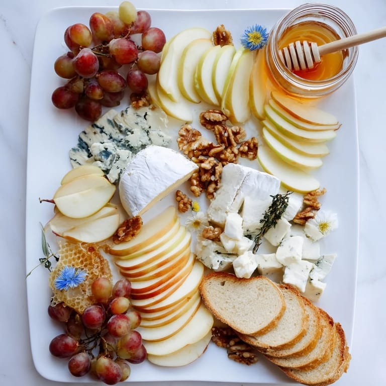 A vibrant Honeycomb, Honey & Cheese Board with colorful grapes, nuts, and ripe pear slices.
