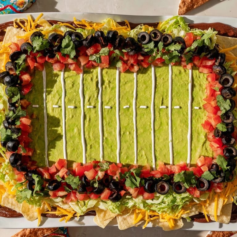 A delicious Football Field Dip displays layers of creamy textures and colorful toppings for a game day snack.