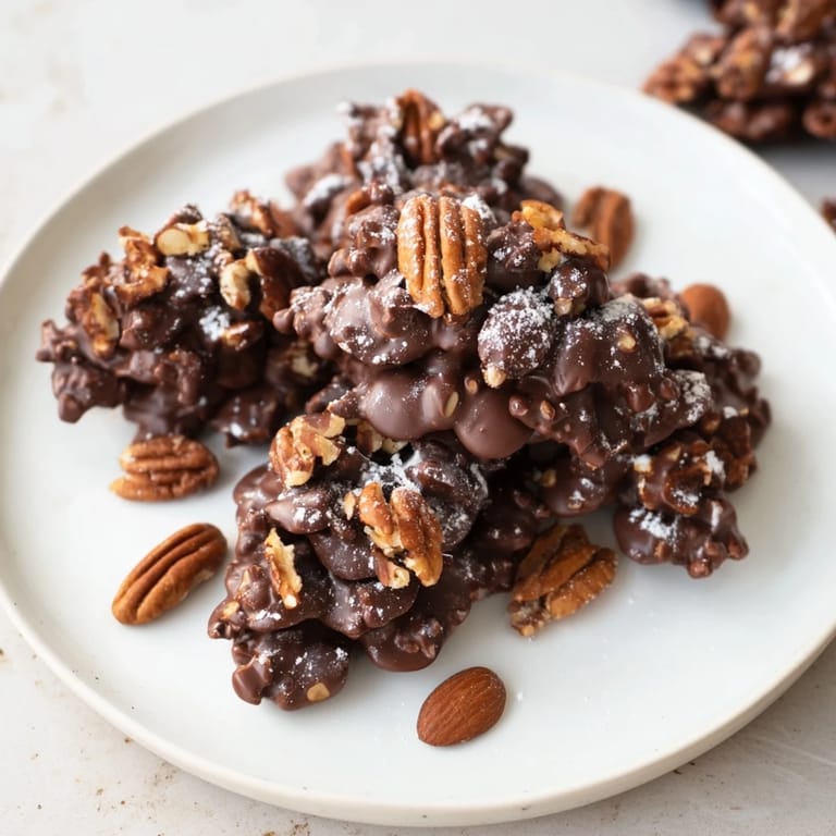 Delicate dusting highlights the textured, chocolatey beauty of these festive Pinecone Chocolate Nut Clusters.