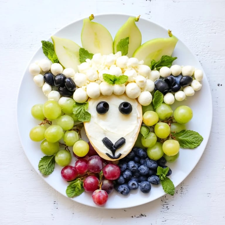 A colorful, fresh Lamb Face Fruit and Cheese Platter arrangement of cheese, fruits, is ideal for a spring appetizer.