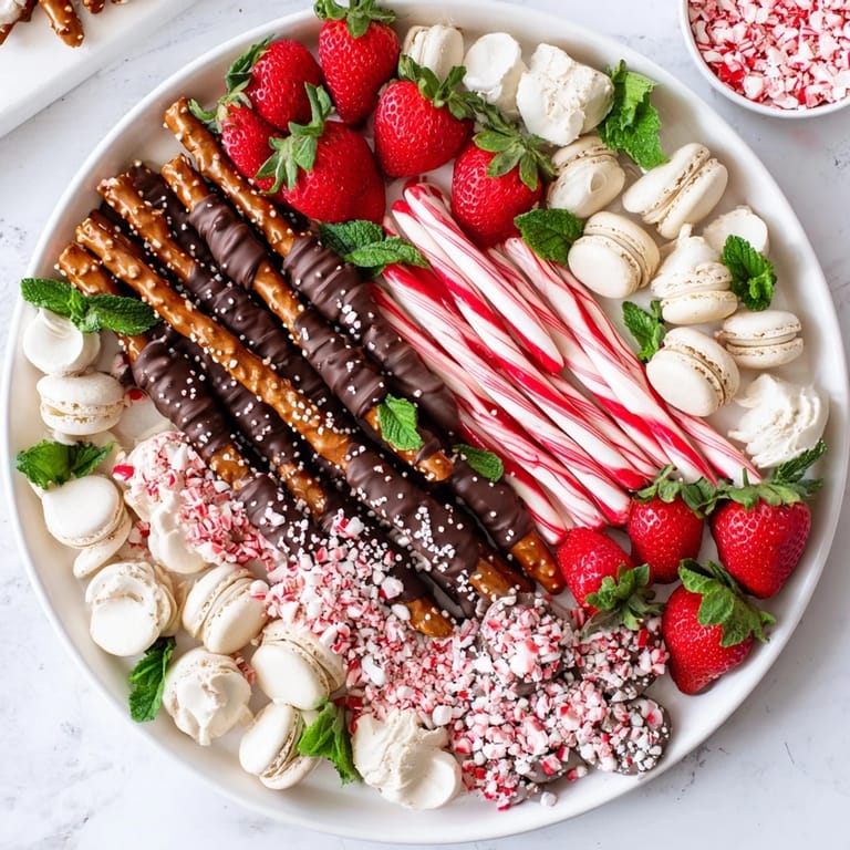 Bright red and white treats fill this appealing Candy Cane Dessert Platter, ready for sharing and enjoyment.