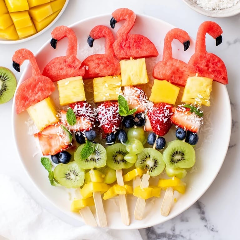 A refreshing close-up of a Flamingo Fruit Skewer Platter, perfect for a summer party spread.