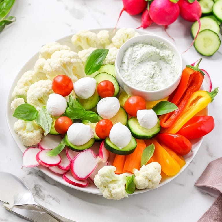 A vibrant close-up showing fresh veggies arranged as Savory Crudités: Veggie Santa Hats, with creamy dip alongside.