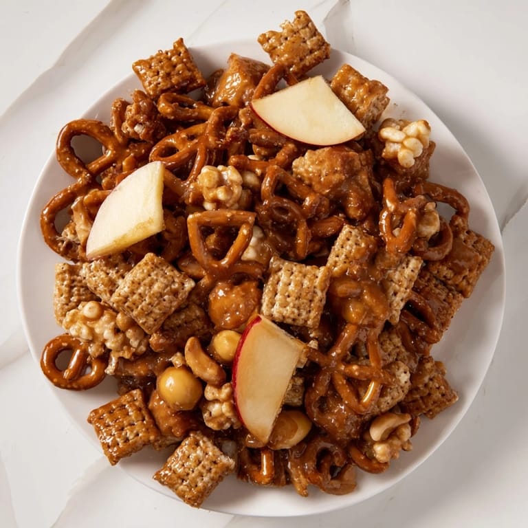 A close-up of holiday-ready Party Mix showcasing the crispy cereal, pretzels, and apple pieces.