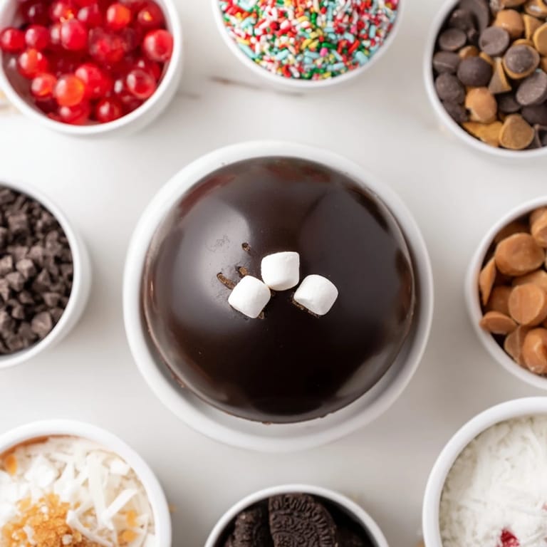 Festive spread of toppings alongside homemade Hot Cocoa Bombs for an amazing dessert.