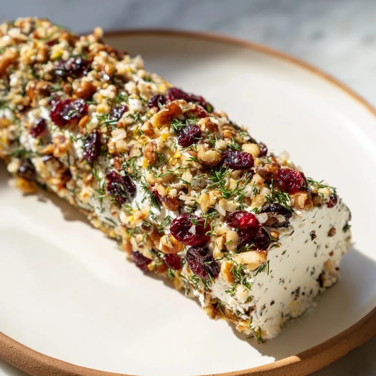 Creamy Winter Snowdrift Goat Cheese Log, beautifully presented with a topping of colorful herbs and nuts.