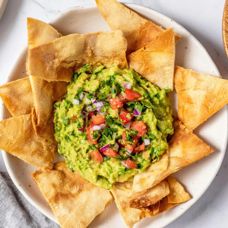 A generous serving of pita chips with a delightful dip of guacamole, highlighting fresh ingredients.