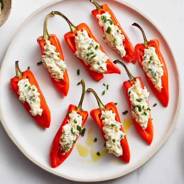 Freshly-drizzled olive oil glistens on colorful mini bell pepper halves stuffed with feta cheese.