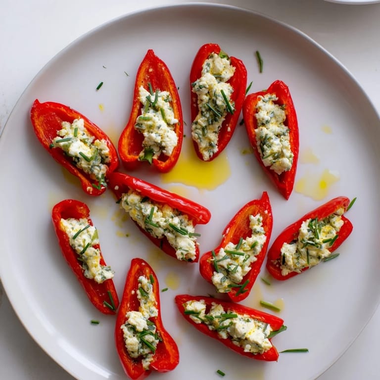 Mediterranean flavors shine in this photo of mini bell pepper halves and feta filling appetizer.
