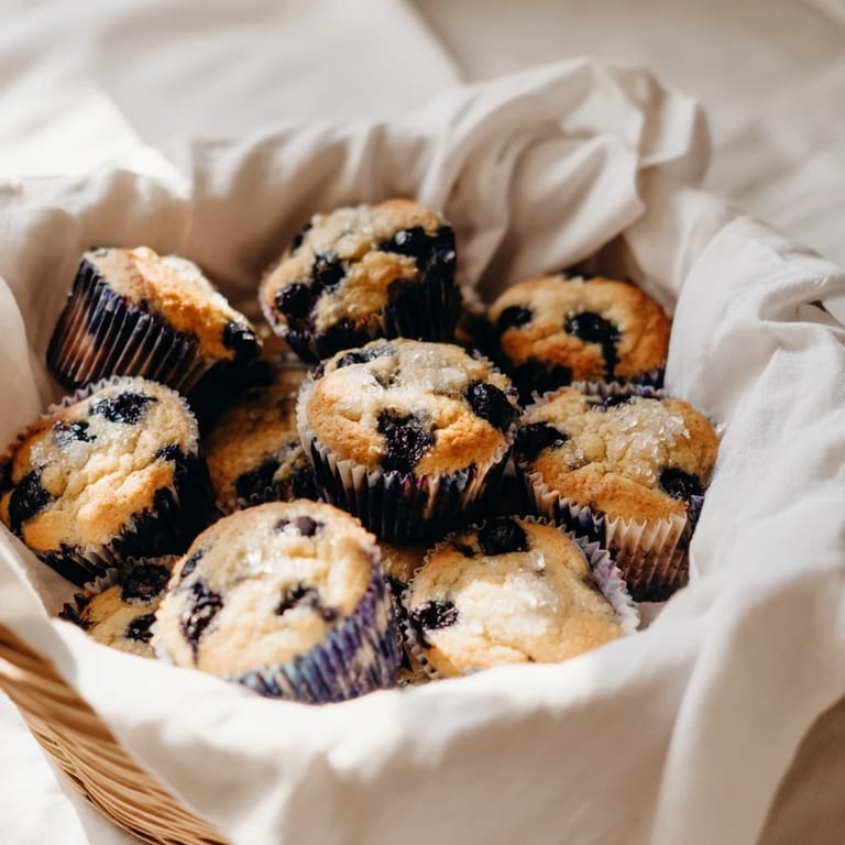 Bite-sized mini blueberry muffins, pictured with fresh blueberries, offer a sweet American breakfast treat.