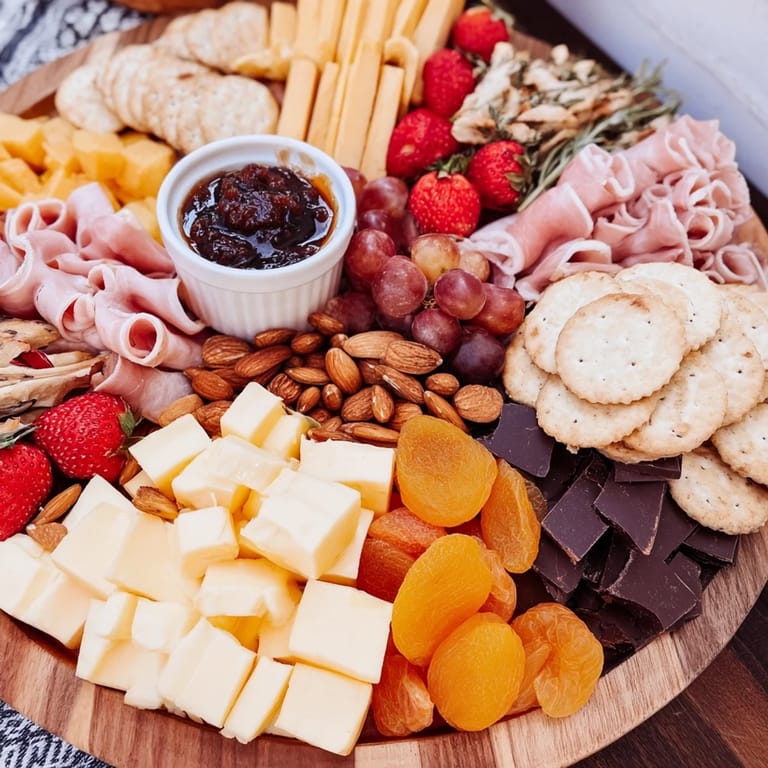 Impressive Anniversary Heirloom Arrangement charcuterie board, featuring folded prosciutto, grapes, and fig jam.