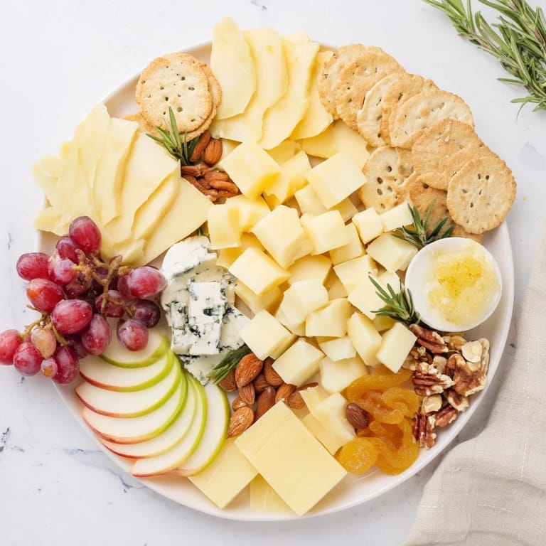 Enjoy the visually stunning housewarming open house spread: a delightful combination of cheeses, fruits, and crackers.