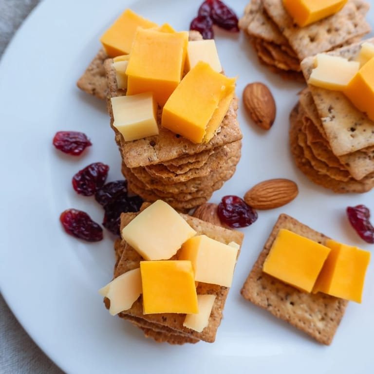 Freshly assembled Work From Home Desk Treat with colorful cheese cubes atop each whole-wheat cracker.