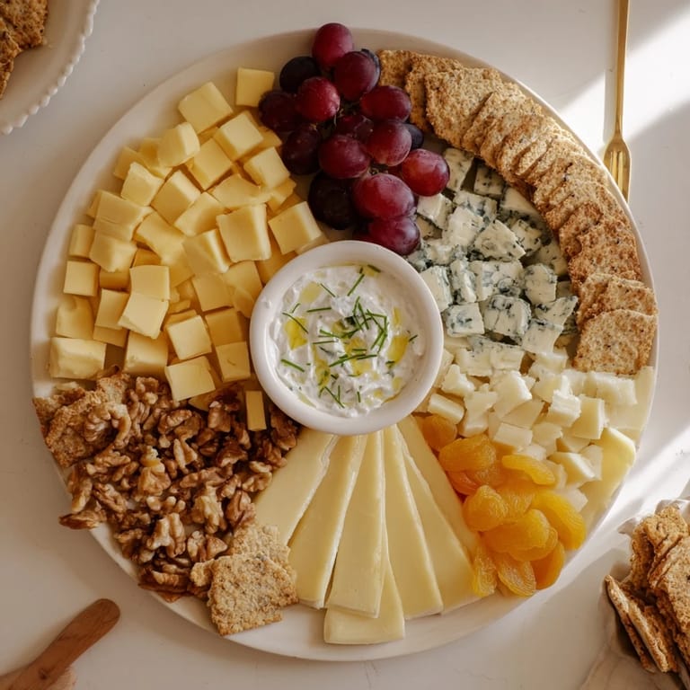 Delicious Celtic Cross Cheese Platter featuring brie, cheddar, and a flavorful central dip arrangement.