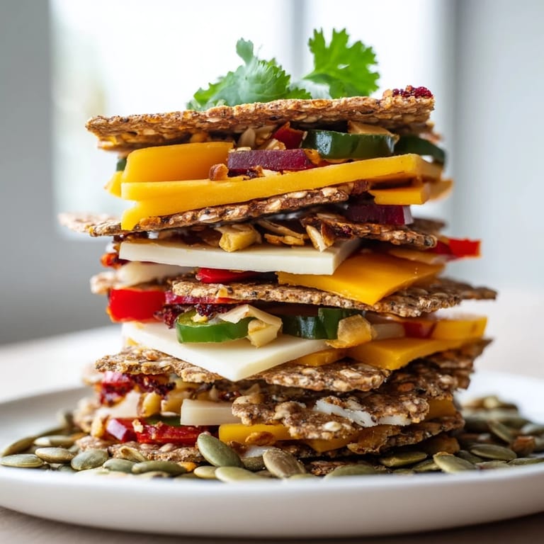 A beautifully stacked Southwest Mesa, showcasing cheese towers and vibrant red bell pepper accents.