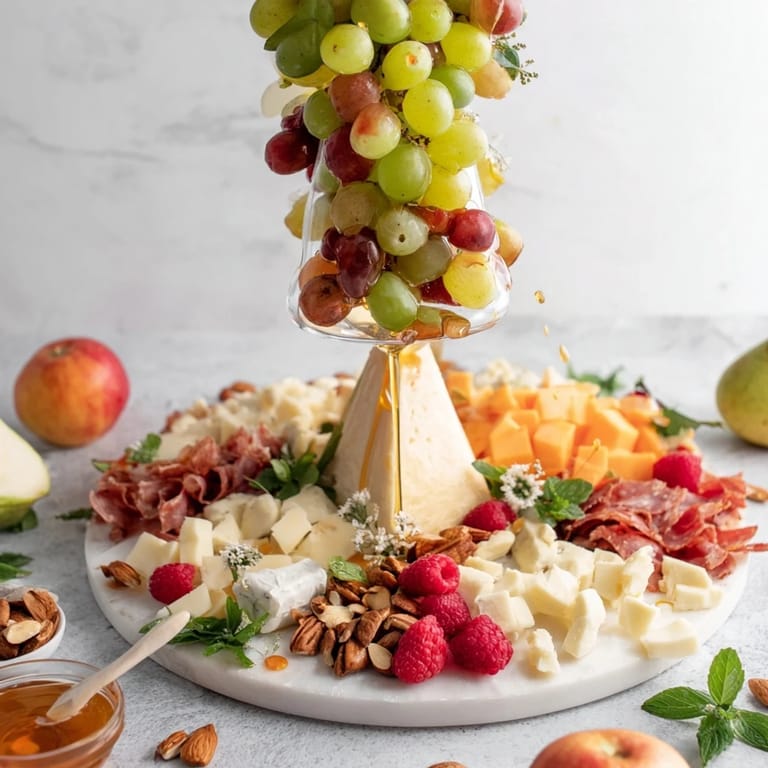 A beautifully arranged Champagne Waterfall Board, showcasing an abundant spread of appetizers ready to be enjoyed with friends.