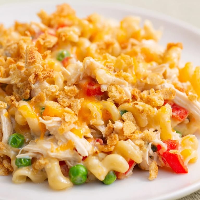 A close-up of a hearty Chicken Macaroni Southern Style bake, showing tender chicken amidst cheesy pasta.