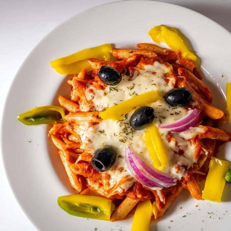 Golden, melted mozzarella and Parmesan cover this simple, satisfying one-pot pizza pasta creation.